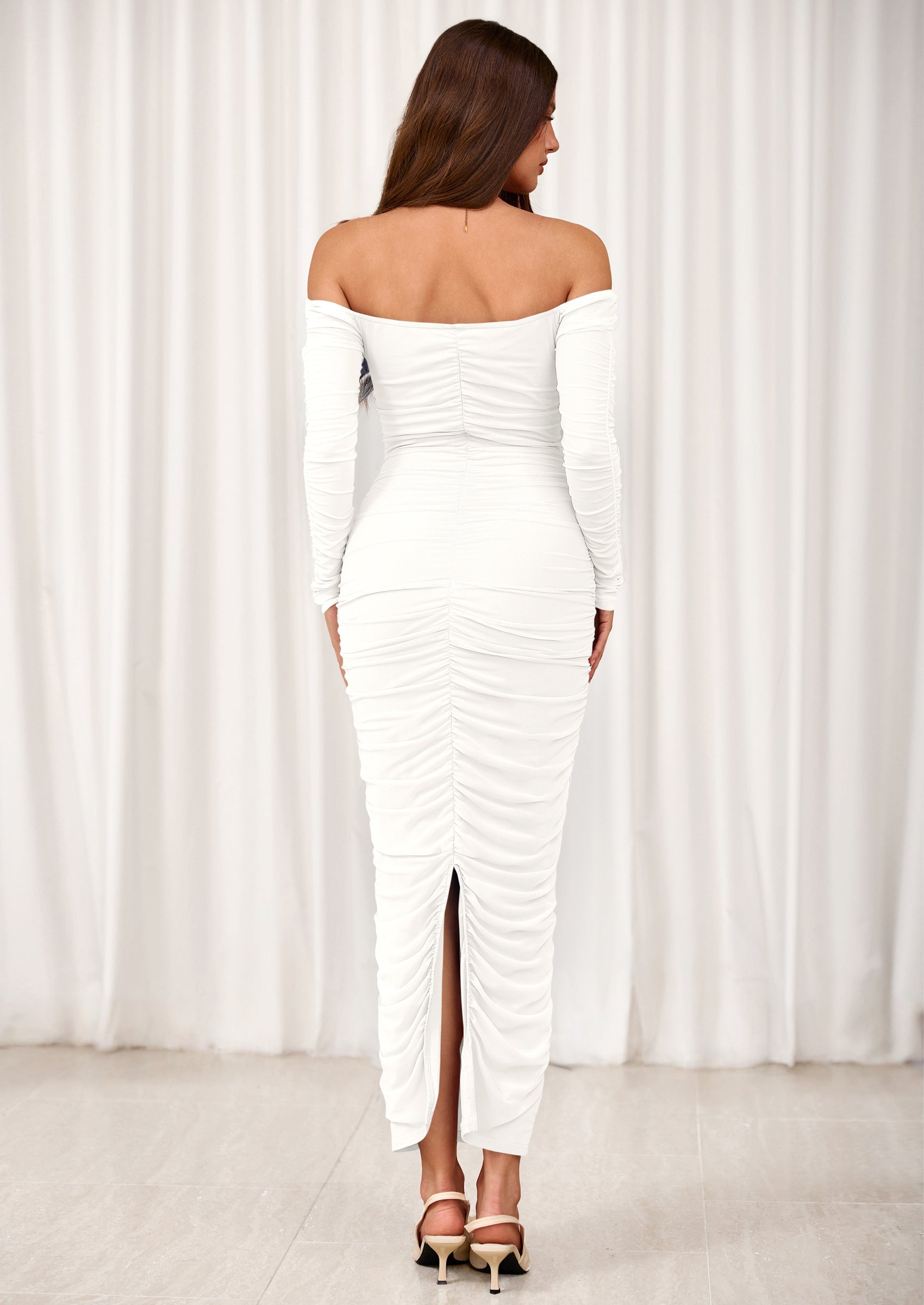 PRETTYGARDEN Womens Fall Long Sleeve Maxi Dress Off Shoulder Mesh Ruched Bodycon Trendy Long Wedding Guest Dresses PRETTYGARDEN