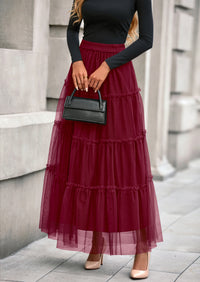 PRETTYGARDEN Maxi Skirts for Women Fall Tulle High Waisted Ruffle Flowy A-Line Long Skirt Country Concert Outfits
