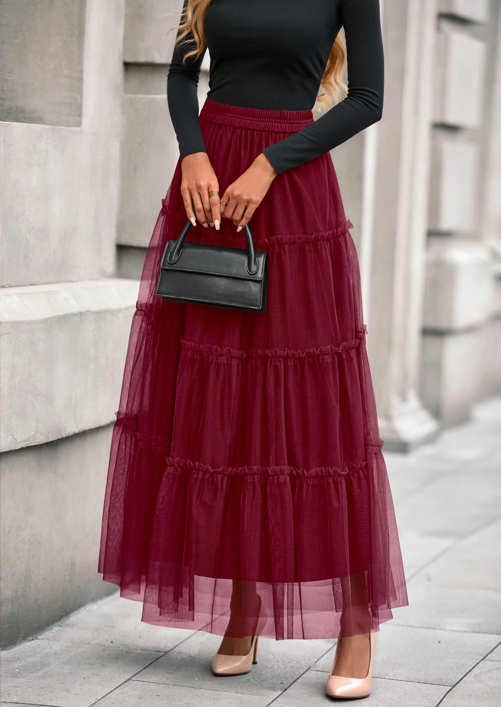 PRETTYGARDEN Maxi Skirts for Women Fall Tulle High Waisted Ruffle Flowy A-Line Long Skirt Country Concert Outfits