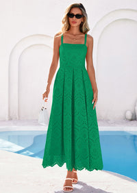 PRETTYGARDEN Womens Sleeveless Maxi Summer Dresses Hollow Out Eyelet Square Neck Ruffle Flowy Beach Vacation Sundress PRETTYGARDEN