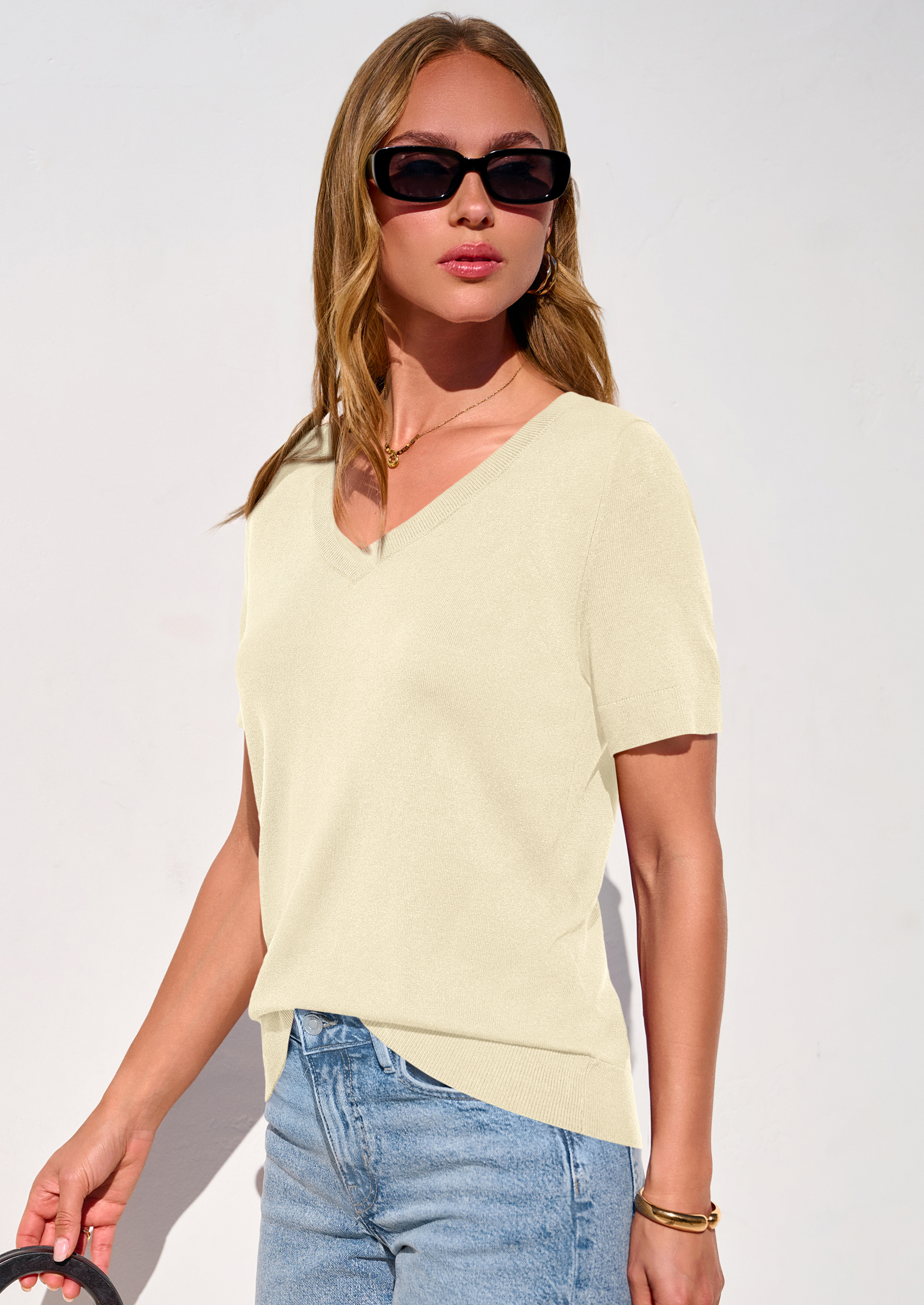 PRETTYGARDEN Womens Short Sleeve Sweater V Neck Trendy Pullover Tops Summer Spring Loose Lightweight Casual Blouse PRETTYGARDEN