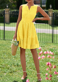 PRETTYGARDEN Women's Summer Dresses Sleeveless V Neck Eyelet Hollow Out Swing A Line Beach Vacation Sun Dress