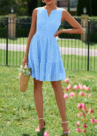 PRETTYGARDEN Women's Summer Dresses Sleeveless V Neck Eyelet Hollow Out Swing A Line Beach Vacation Sun Dress