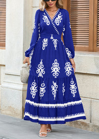 PRETTYGARDEN Women's Fall Wedding Guest Dresses Boho Floral Long Sleeve V Neck Flowy Elegant Maxi Dress Beach Clothes