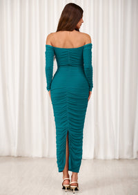 PRETTYGARDEN Womens Fall Long Sleeve Maxi Dress Off Shoulder Mesh Ruched Bodycon Trendy Long Wedding Guest Dresses PRETTYGARDEN