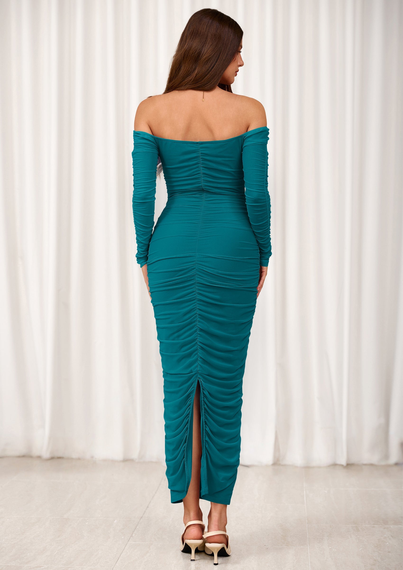 PRETTYGARDEN Womens Fall Long Sleeve Maxi Dress Off Shoulder Mesh Ruched Bodycon Trendy Long Wedding Guest Dresses PRETTYGARDEN