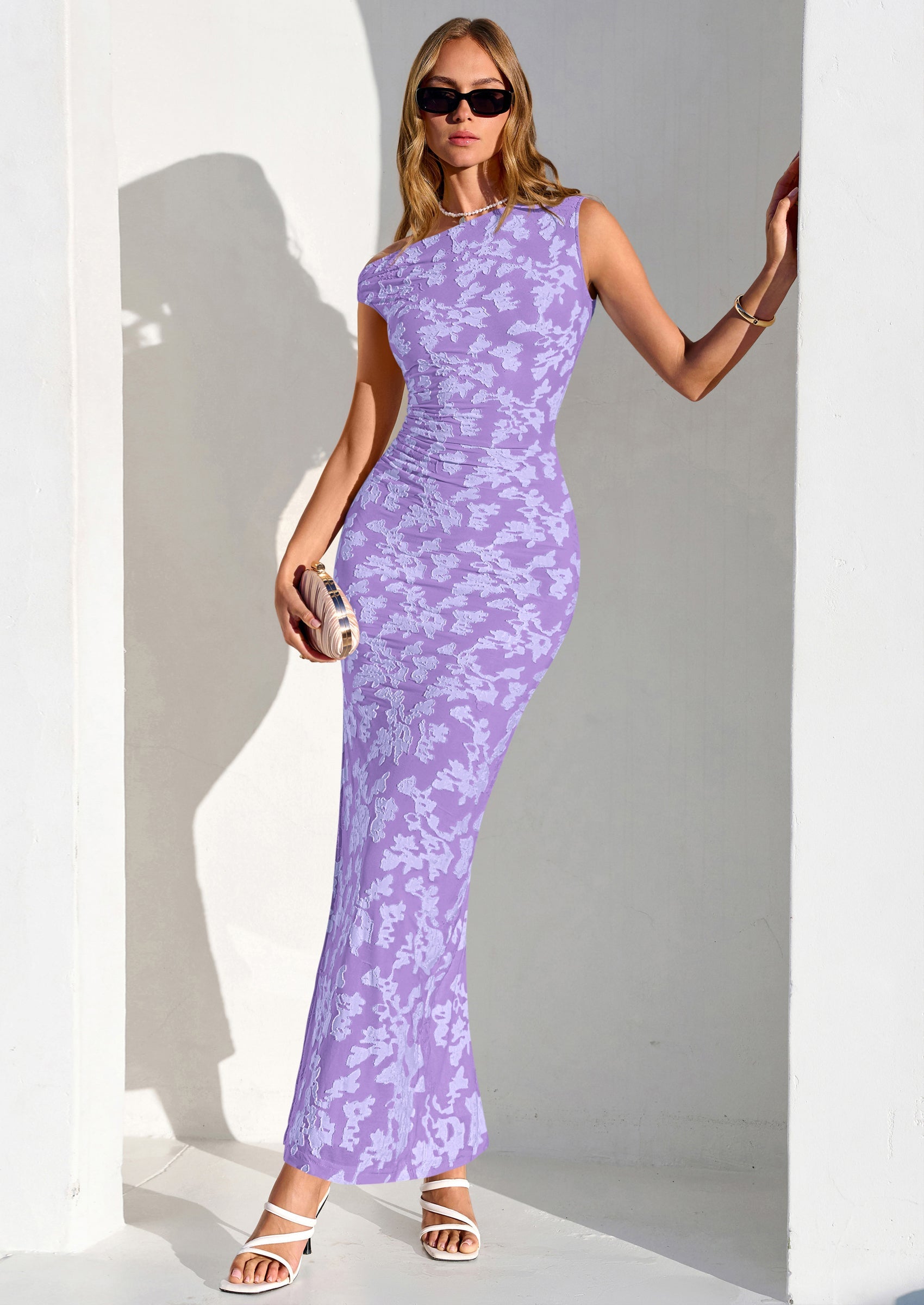 PRETTYGARDEN Womens Floral One Shoulder Maxi Dress Summer Spring Bodycon Ruched Side Slit Elegant Cocktail Party Dresses PRETTYGARDEN