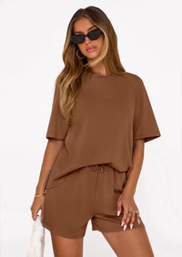 PRETTYGARDEN Women's 2 Piece Lounge Sets Short Sleeve Shirts Casual Tops Shorts Matching Clothing Summer Airport Outfits PRETTYGARDEN