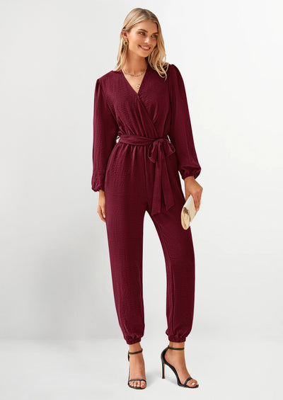 PRETTYGARDEN Women's Fall Jumpsuits Dressy Casual Pants Romper Spring Long Sleeve V Neck Belt Pockets One Piece Outfits