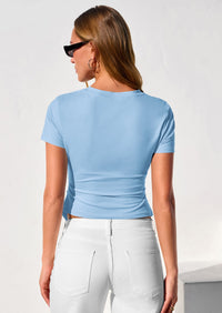 PRETTYGARDEN Womens Short Sleeve Crew Neck Trendy Shirts Spring Summer Y2K Going Out Tops Asymmetrical Ruched Blouse PRETTYGARDEN