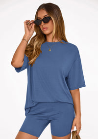 PRETTYGARDEN Women's Two Piece Matching Lounge Sets Summer Casual Tops Short Sleeve Shirts Shorts Travel Airport Outfits PRETTYGARDEN