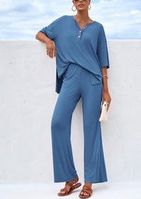 PRETTYGARDEN Women's 2 Piece Outfits Summer Casual V Neck Short Sleeve Tops Wide Leg Pants Matching Lounge Sets