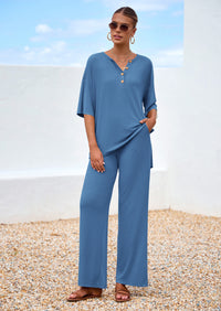 PRETTYGARDEN Women's 2 Piece Outfits Summer Casual V Neck Short Sleeve Tops Wide Leg Pants Matching Lounge Sets