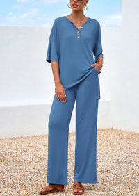 PRETTYGARDEN Women's 2 Piece Outfits Summer Casual V Neck Short Sleeve Tops Wide Leg Pants Matching Lounge Sets