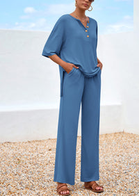 PRETTYGARDEN Women's 2 Piece Outfits Summer Casual V Neck Short Sleeve Tops Wide Leg Pants Matching Lounge Sets