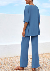 PRETTYGARDEN Women's 2 Piece Outfits Summer Casual V Neck Short Sleeve Tops Wide Leg Pants Matching Lounge Sets