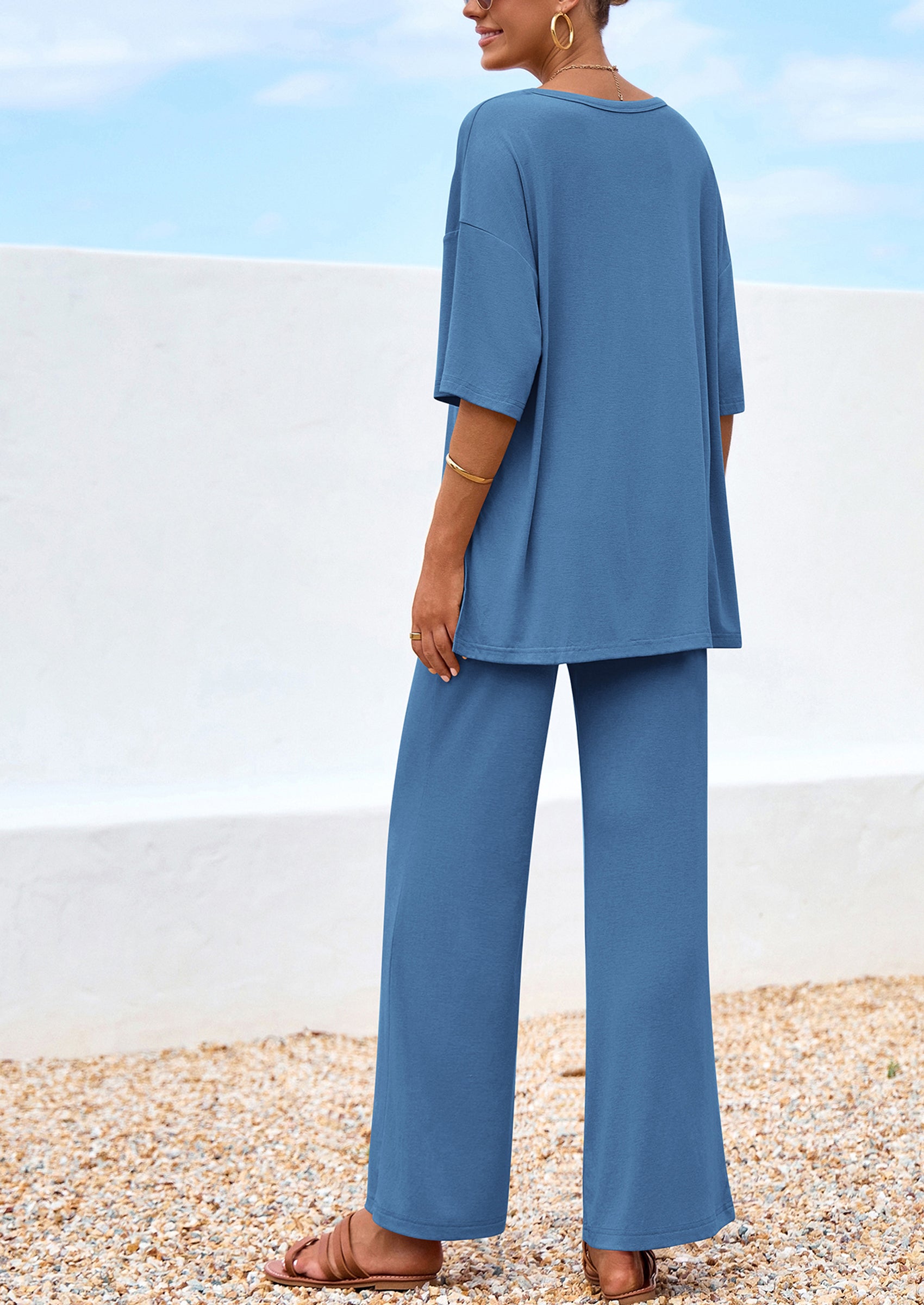 PRETTYGARDEN Women's 2 Piece Outfits Summer Casual V Neck Short Sleeve Tops Wide Leg Pants Matching Lounge Sets