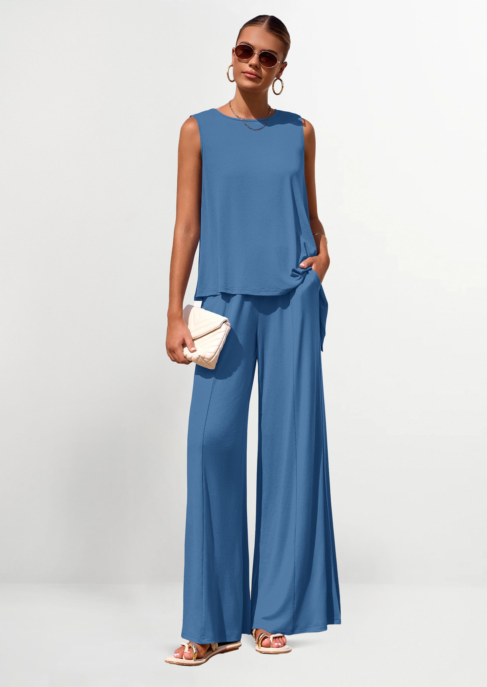 PRETTYGARDEN Women's Two Piece Matching Lounge Sets Asymmetrical Split Tank Tops Wide Leg Pants Summer Outfits Tracksuit