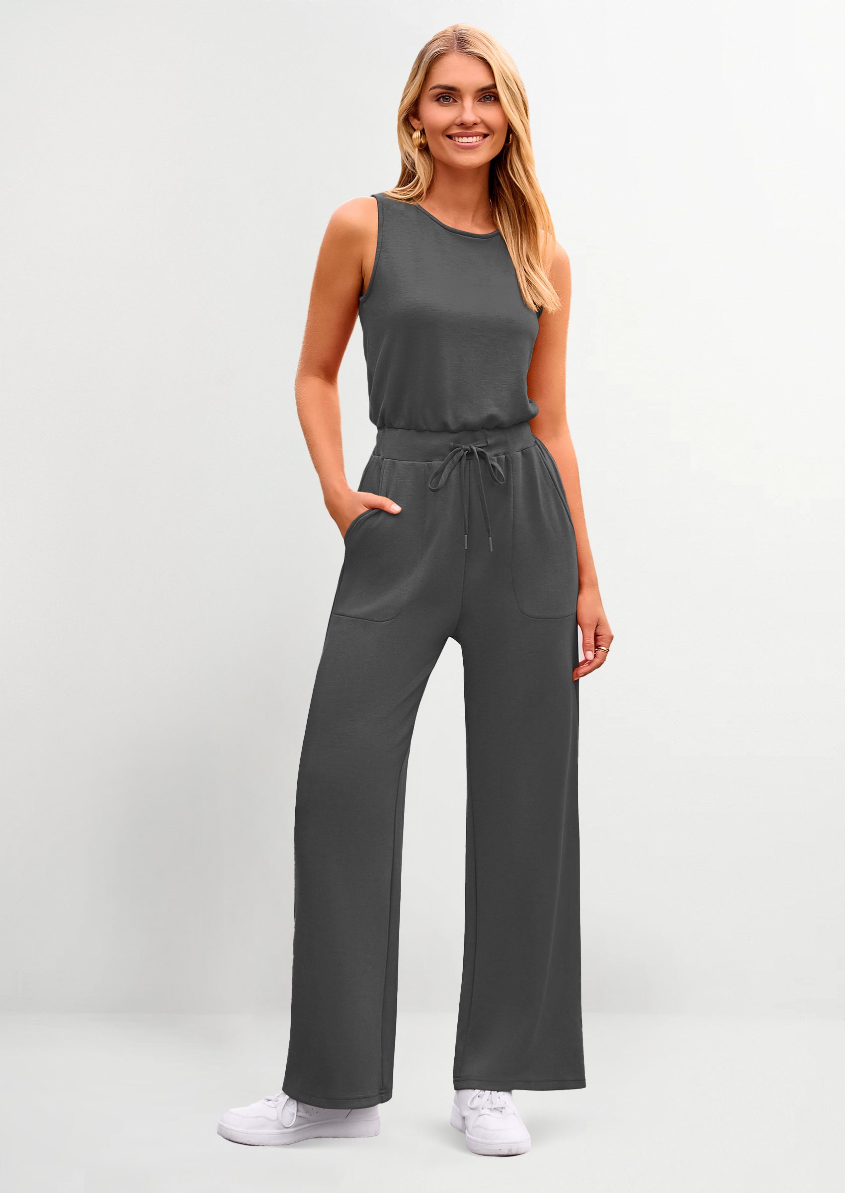 PRETTYGARDEN Womens Jumpsuits Summer Casual One Piece Outfits Sleeveless Wide Leg Long Pants Rompers