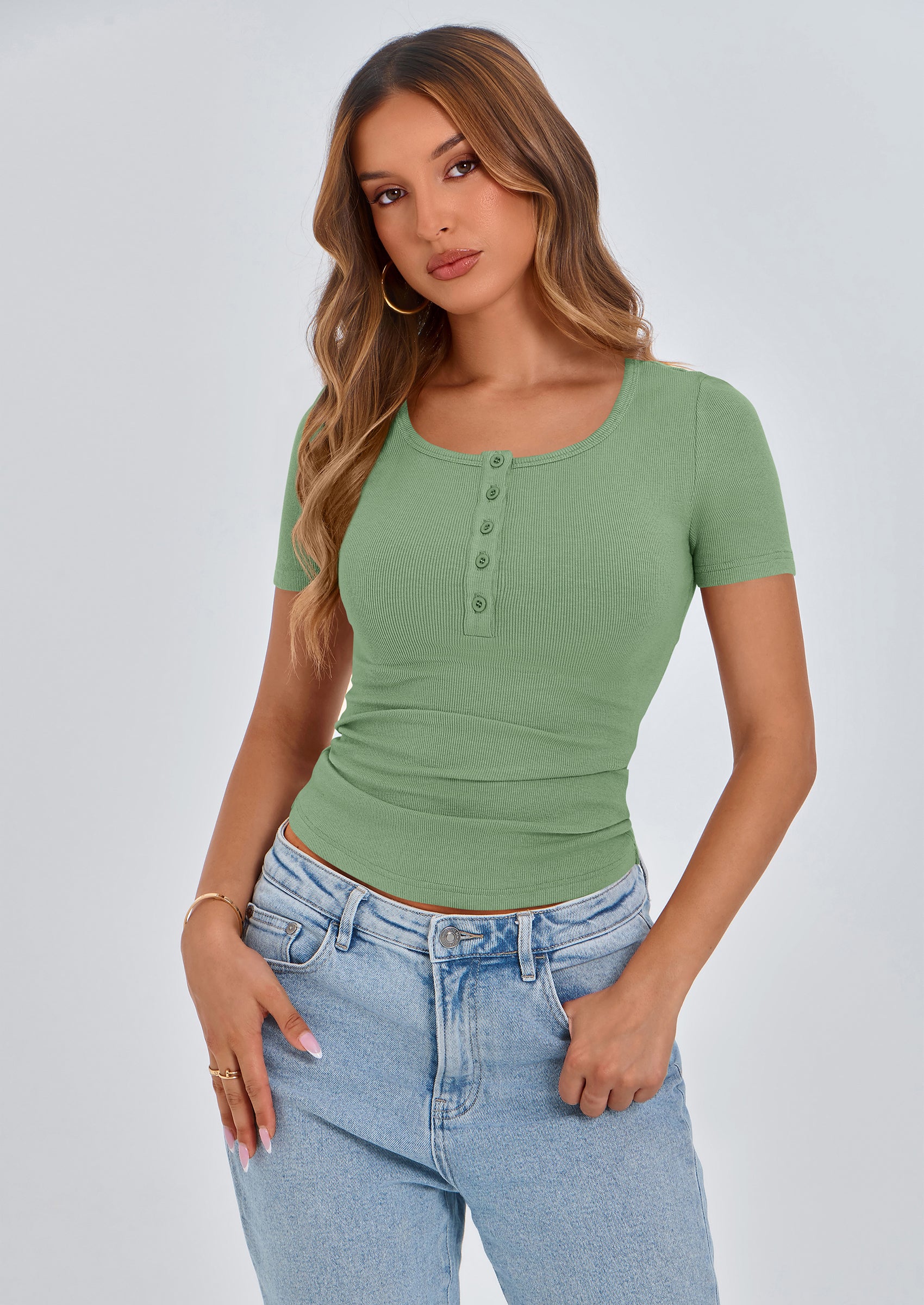 PRETTYGARDEN Women's Spring Summer Short Sleeve Tops Ribbed Henley Button Slim Fit Basic Casual T Shirts Blouse Clothing