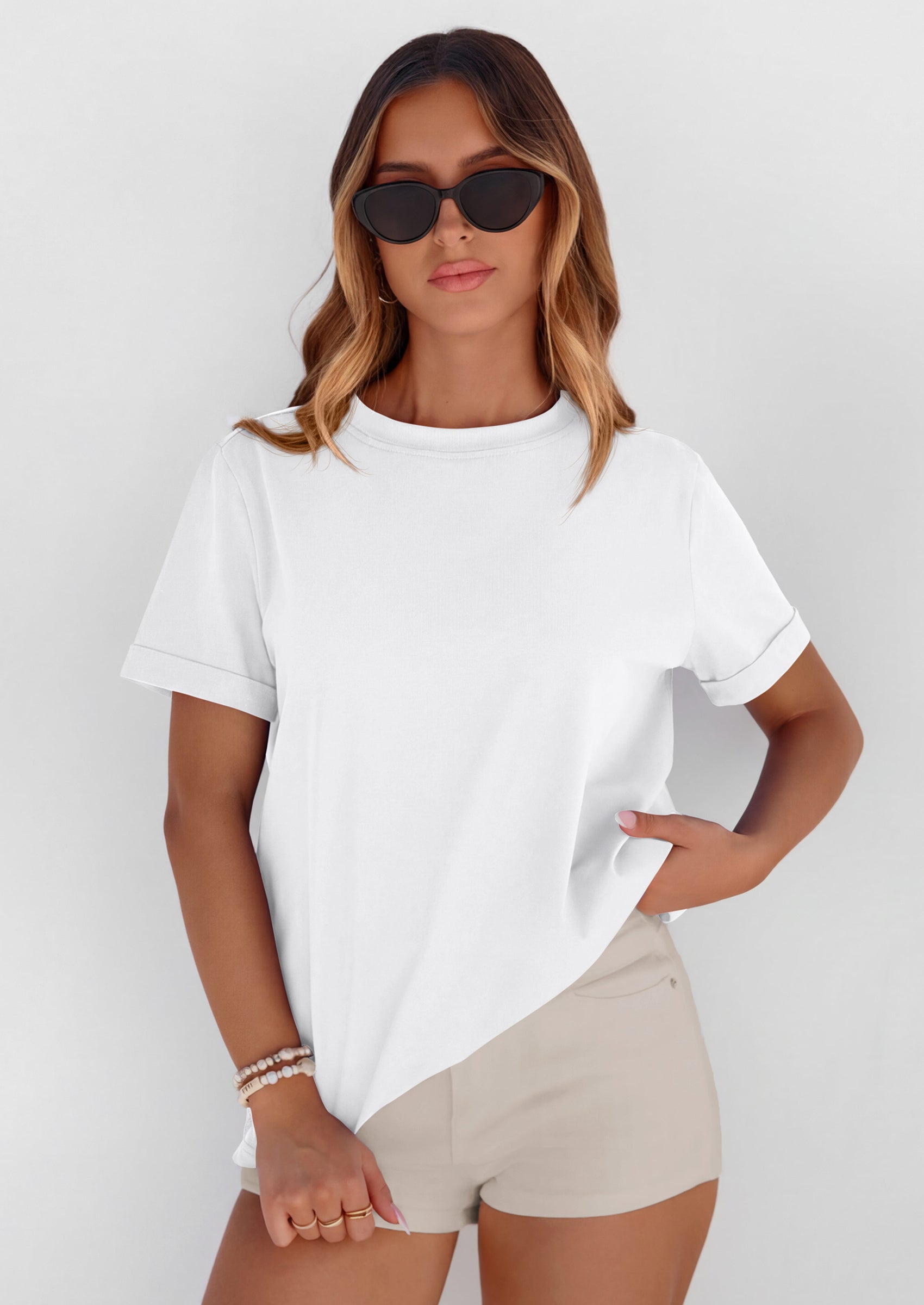 PRETTYGARDEN Womens Summer Tops Spring Casual Rolled Short Sleeve Basic Tees Crew Neck Work Shirts Fashion Clothing PRETTYGARDEN