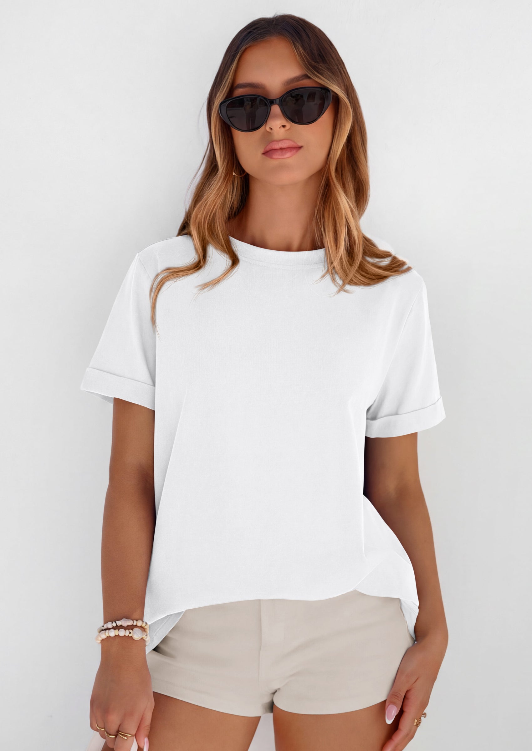 PRETTYGARDEN Womens Summer Tops Spring Casual Rolled Short Sleeve Basic Tees Crew Neck Work Shirts Fashion Clothing PRETTYGARDEN