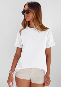 PRETTYGARDEN Womens Summer Tops Spring Casual Rolled Short Sleeve Basic Tees Crew Neck Work Shirts Fashion Clothing PRETTYGARDEN