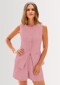 PRETTYGARDEN Two Piece Sets Button Down Suit Vest Tops High Waisted Shorts Business Casual Outfits