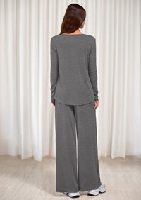 PRETTYGARDEN Women's 2 Piece Fall Sets  Casual Long Sleeve Shirts Wide Leg Pants Lounge Travel Outfits Fashion Clothing