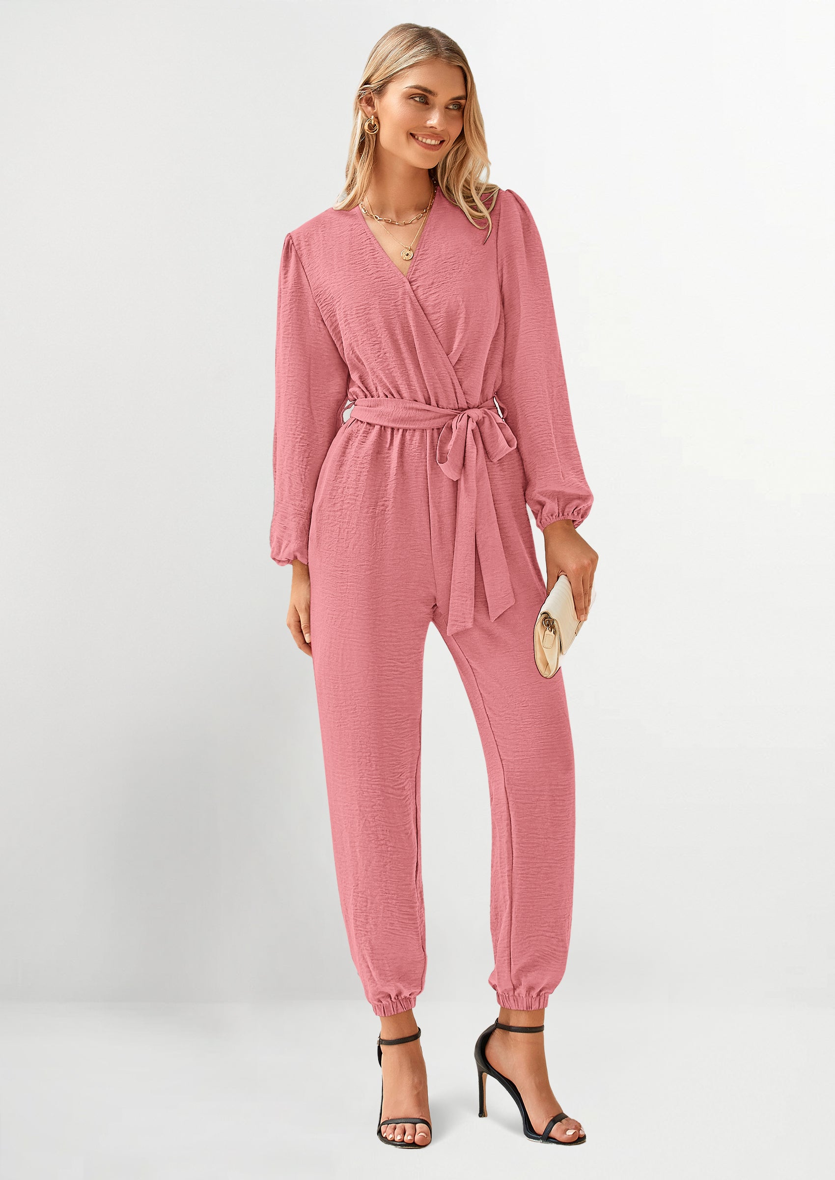 PRETTYGARDEN Women's Fall Jumpsuits Dressy Casual Pants Romper Spring Long Sleeve V Neck Belt Pockets One Piece Outfits