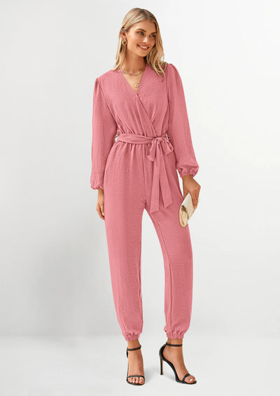 PRETTYGARDEN Women's Fall Jumpsuits Dressy Casual Pants Romper Spring Long Sleeve V Neck Belt Pockets One Piece Outfits