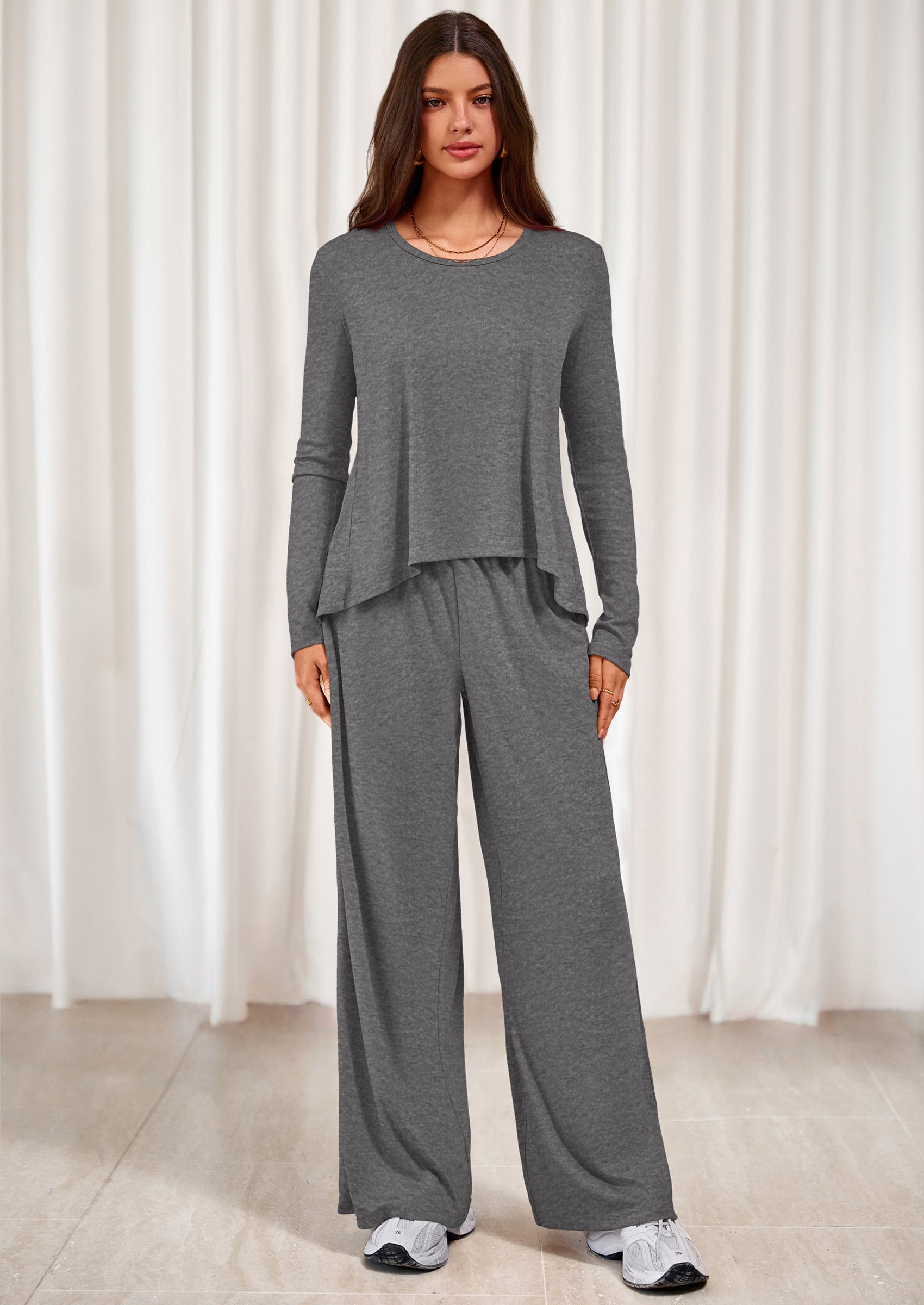 PRETTYGARDEN Women's 2 Piece Fall Sets  Casual Long Sleeve Shirts Wide Leg Pants Lounge Travel Outfits Fashion Clothing