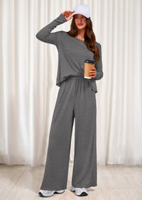 PRETTYGARDEN Women's 2 Piece Fall Sets  Casual Long Sleeve Shirts Wide Leg Pants Lounge Travel Outfits Fashion Clothing