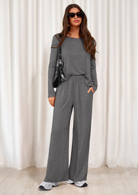 PRETTYGARDEN Women's 2 Piece Fall Sets  Casual Long Sleeve Shirts Wide Leg Pants Lounge Travel Outfits Fashion Clothing