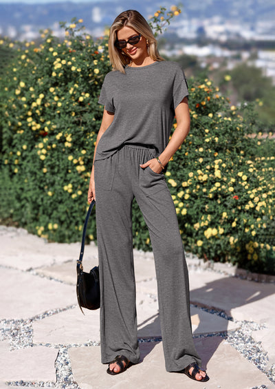 PRETTYGARDEN Women's Summer 2 Piece Matching Lounge Sets Short Sleeve Shirts Tops Wide Leg Pants Travel Airport Outfits