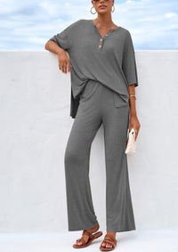 PRETTYGARDEN Women's 2 Piece Outfits Summer Casual V Neck Short Sleeve Tops Wide Leg Pants Matching Lounge Sets