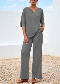 PRETTYGARDEN Women's 2 Piece Outfits Summer Casual V Neck Short Sleeve Tops Wide Leg Pants Matching Lounge Sets