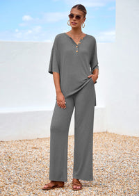 PRETTYGARDEN Women's 2 Piece Outfits Summer Casual V Neck Short Sleeve Tops Wide Leg Pants Matching Lounge Sets