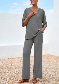 PRETTYGARDEN Women's 2 Piece Outfits Summer Casual V Neck Short Sleeve Tops Wide Leg Pants Matching Lounge Sets