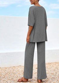 PRETTYGARDEN Women's 2 Piece Outfits Summer Casual V Neck Short Sleeve Tops Wide Leg Pants Matching Lounge Sets