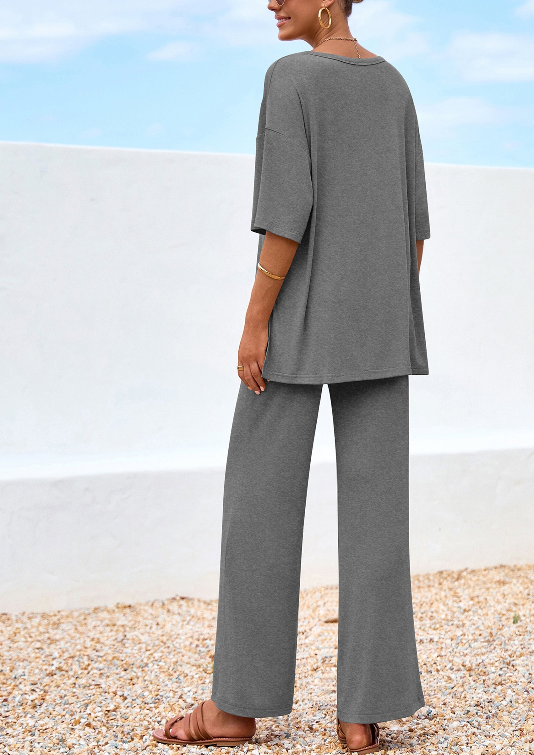 PRETTYGARDEN Women's 2 Piece Outfits Summer Casual V Neck Short Sleeve Tops Wide Leg Pants Matching Lounge Sets