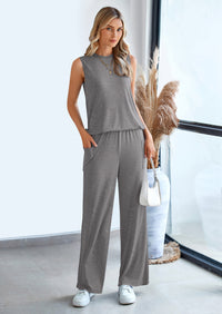 PRETTYGARDEN 2 Piece Set Loose Tank Top Wide Leg Pants Casual Matching Outfits Tracksuit
