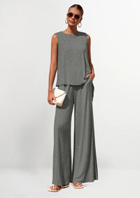 PRETTYGARDEN Women's Two Piece Matching Lounge Sets Asymmetrical Split Tank Tops Wide Leg Pants Summer Outfits Tracksuit