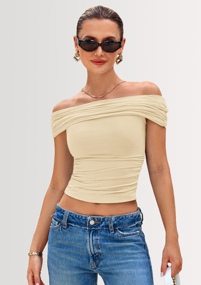 PRETTYGARDEN Summer Tops for Women Off Shoulder Short Sleeve Ruched Slim Fit Shirts Blouses Y2K Going Out Top