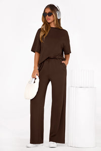 PRETTYGARDEN Women's Summer 2 Piece Lounge Set Short Sleeve Tops Wide Leg Pants Spring Vacation Travel Outfits Clothes PRETTYGARDEN