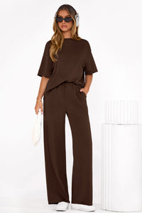 PRETTYGARDEN Women's Summer 2 Piece Lounge Set Short Sleeve Tops Wide Leg Pants Spring Vacation Travel Outfits Clothes PRETTYGARDEN