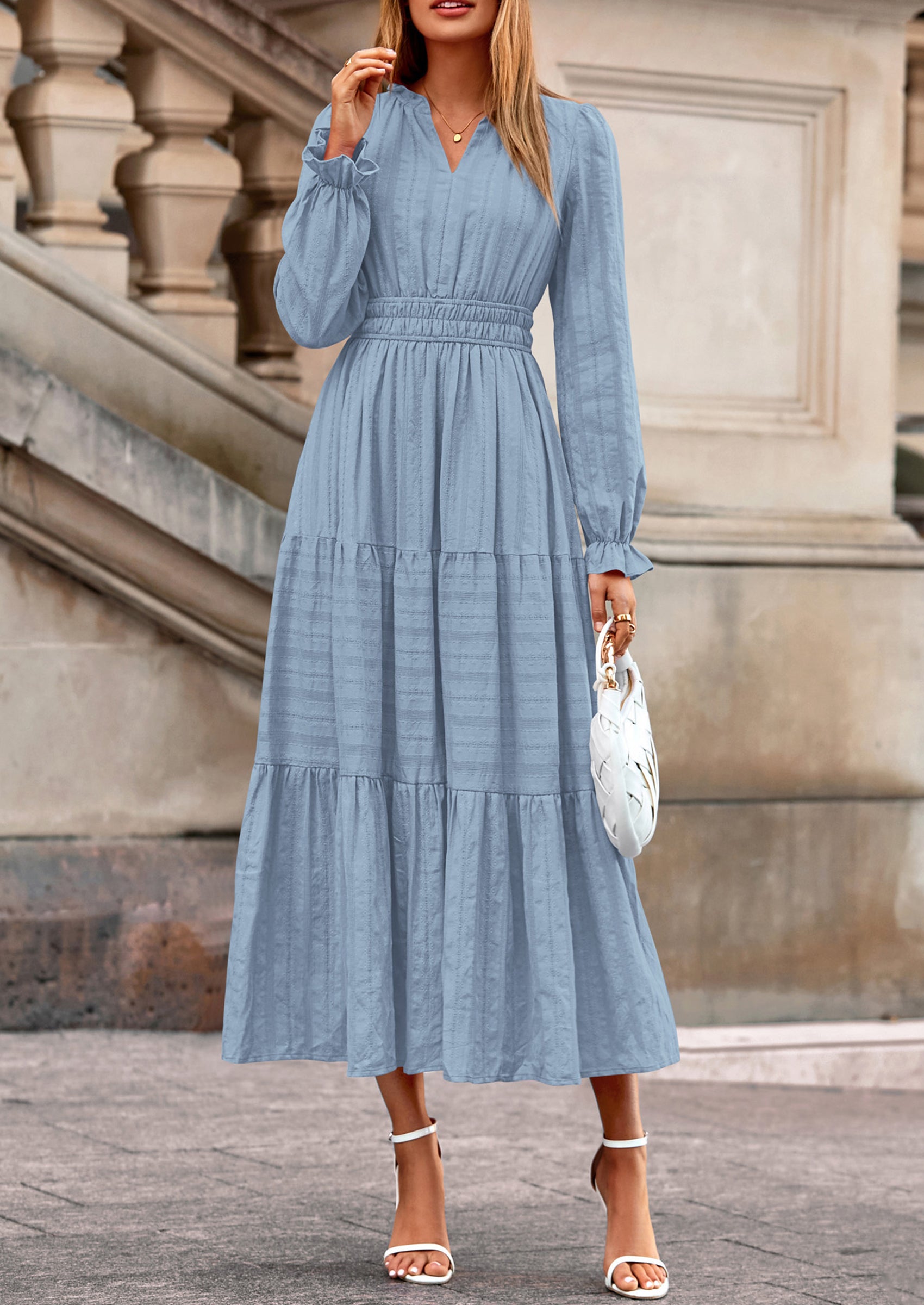 PRETTYGARDEN Women's Fall Wedding Guest Dresses Long Sleeve V Neck Flowy Elegant Holiday Party Maxi Dress with Pockets