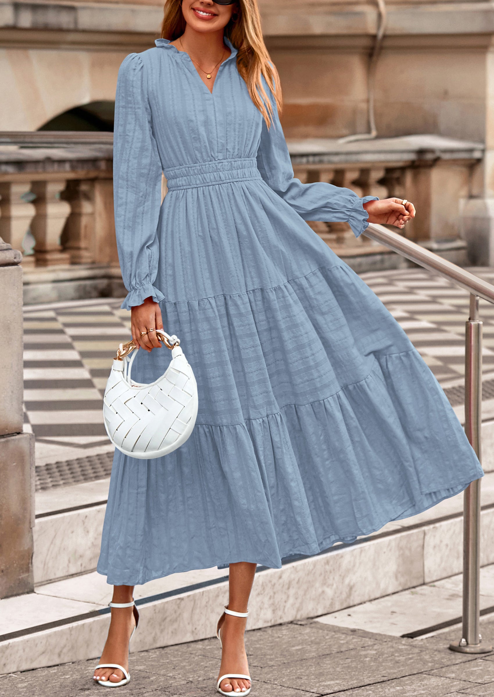 PRETTYGARDEN Women's Fall Wedding Guest Dresses Long Sleeve V Neck Flowy Elegant Holiday Party Maxi Dress with Pockets