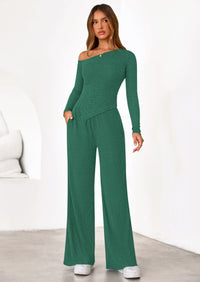 PRETTYGARDEN Casual Two Piece Sets for Women Fall Outfits Asymmetrical Off Shoulder Tops Wide Leg Pants Knit Lounge Set