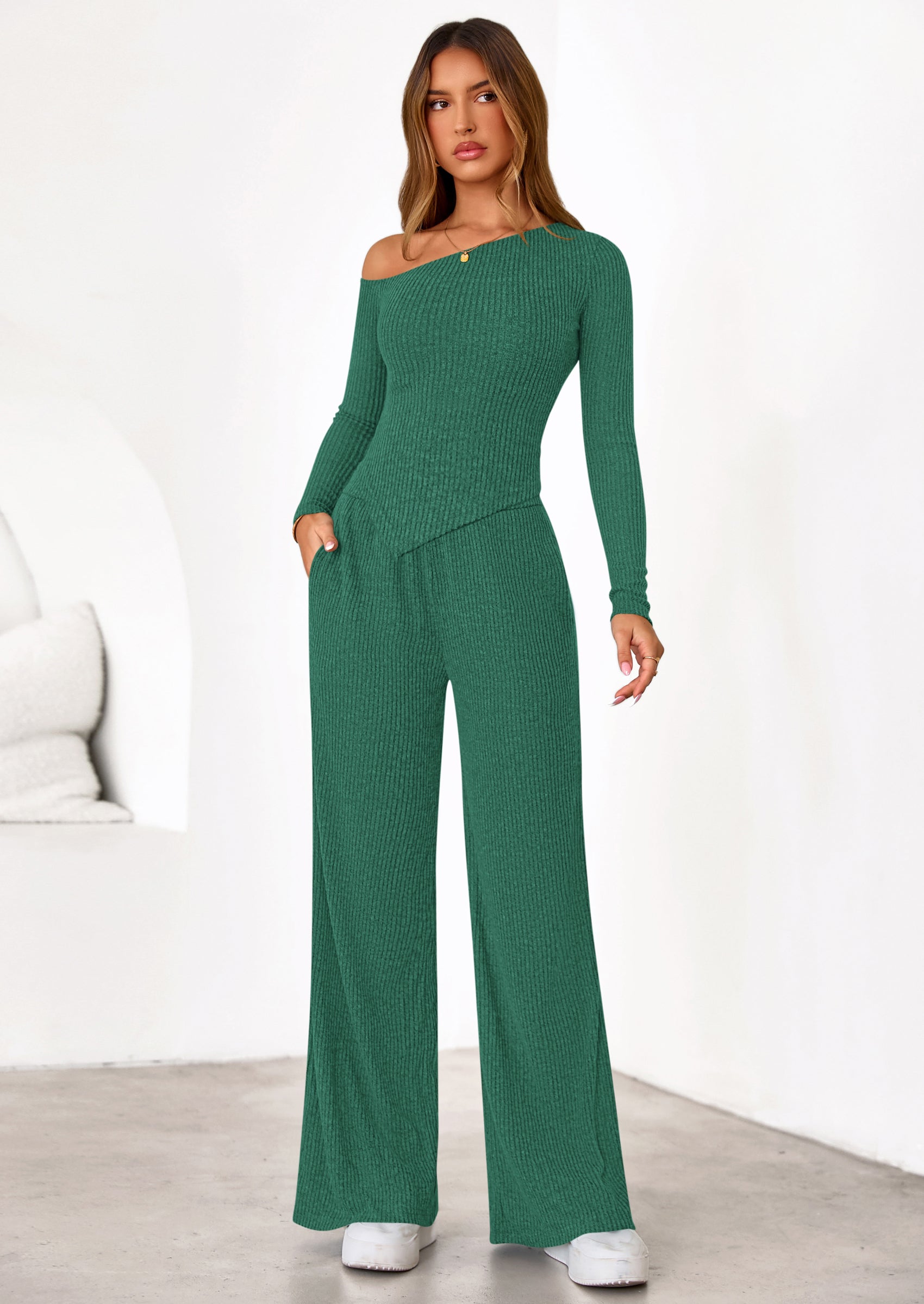 PRETTYGARDEN Casual Two Piece Sets for Women Fall Outfits Asymmetrical Off Shoulder Tops Wide Leg Pants Knit Lounge Set